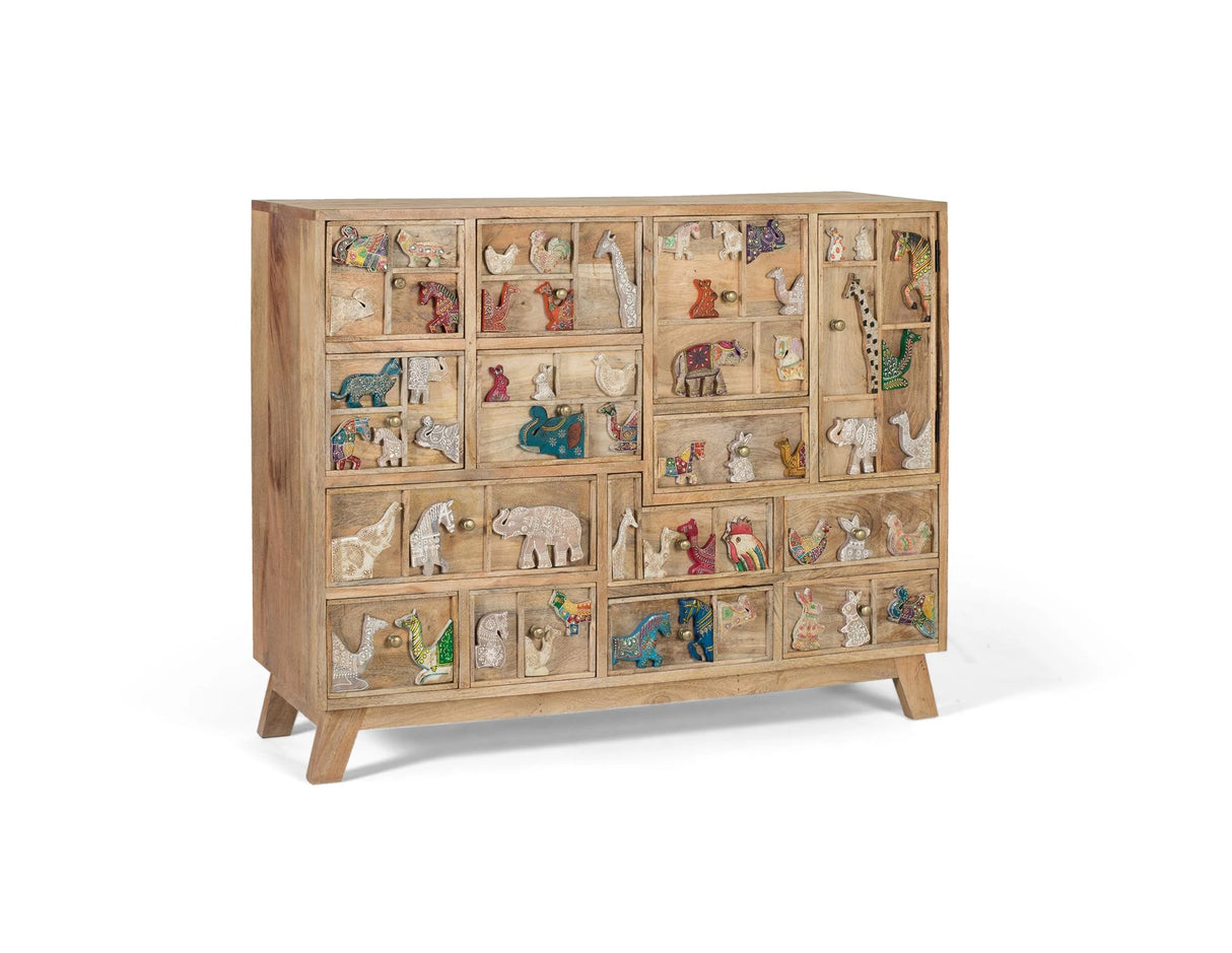Giner and Colomer - 13-Drawer, 1-Door Mango Wood Chest With Hand-Painted Relief Animals