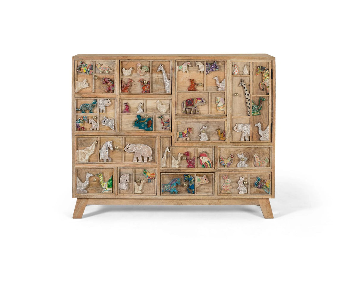Giner and Colomer - 13-Drawer, 1-Door Mango Wood Chest With Hand-Painted Relief Animals