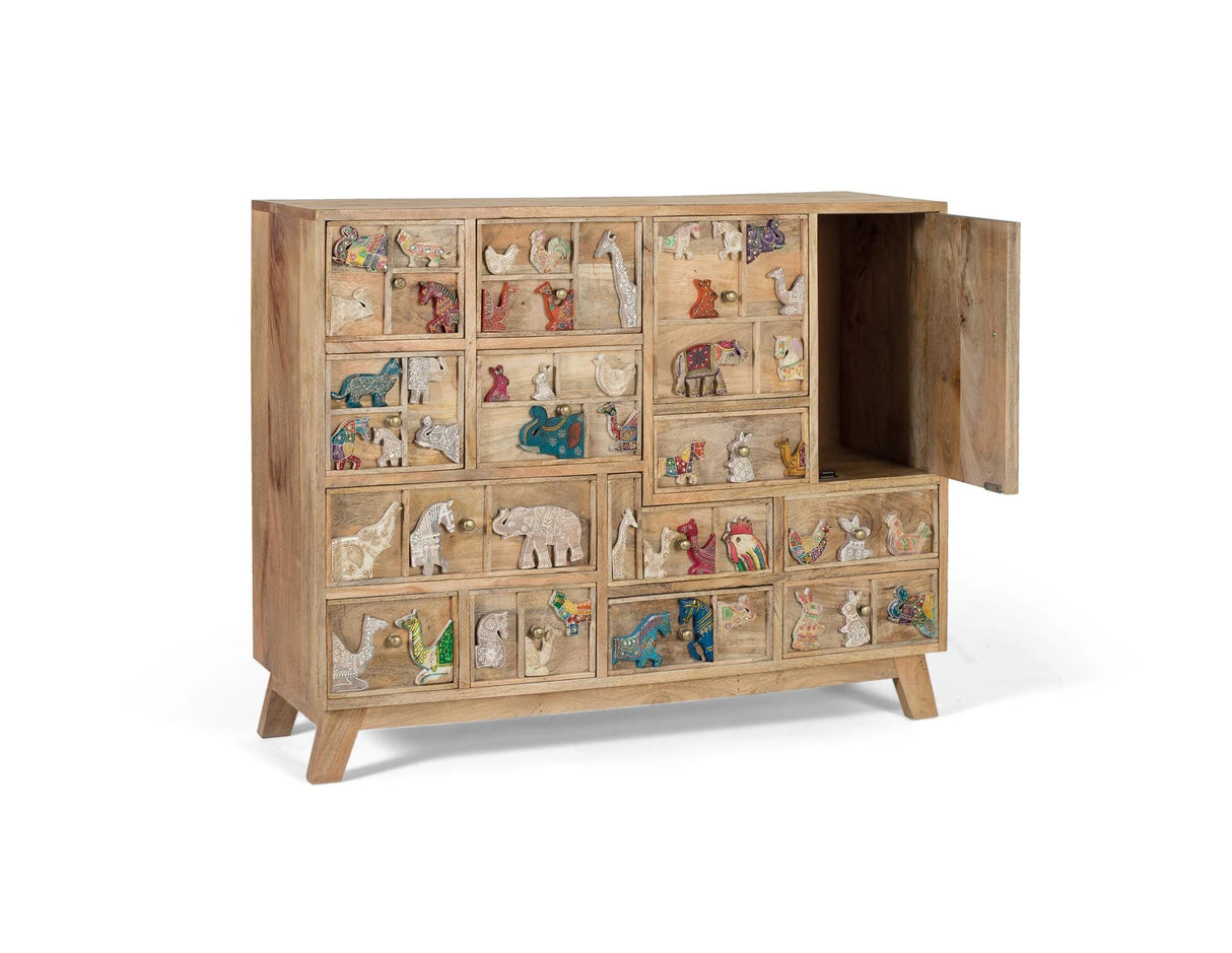 Giner and Colomer - 13-Drawer, 1-Door Mango Wood Chest With Hand-Painted Relief Animals