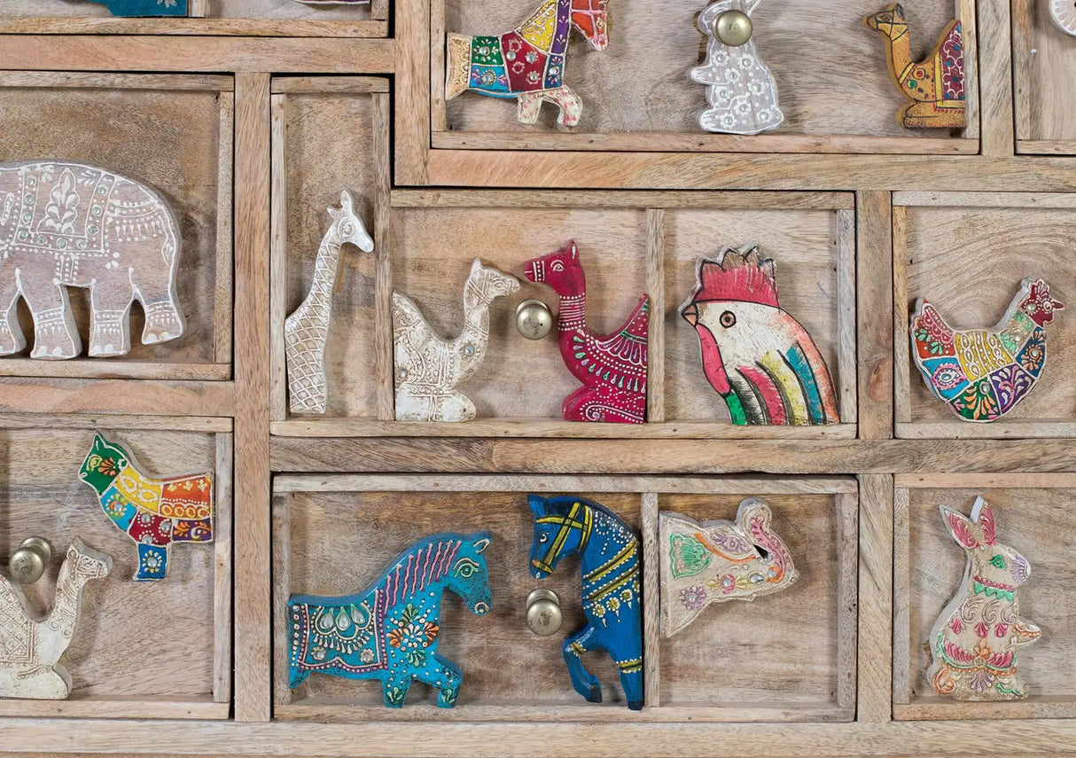 Giner and Colomer - 13-Drawer, 1-Door Mango Wood Chest With Hand-Painted Relief Animals