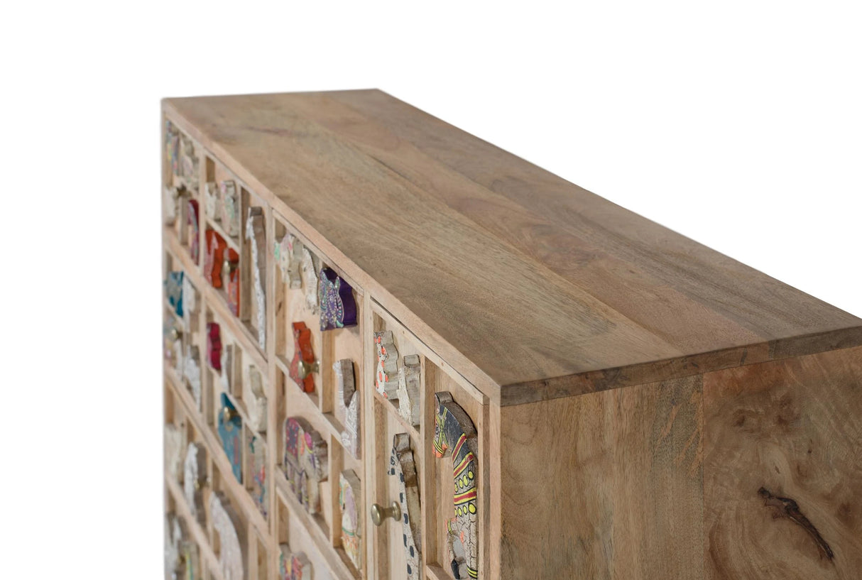 Giner and Colomer - 13-Drawer, 1-Door Mango Wood Chest With Hand-Painted Relief Animals