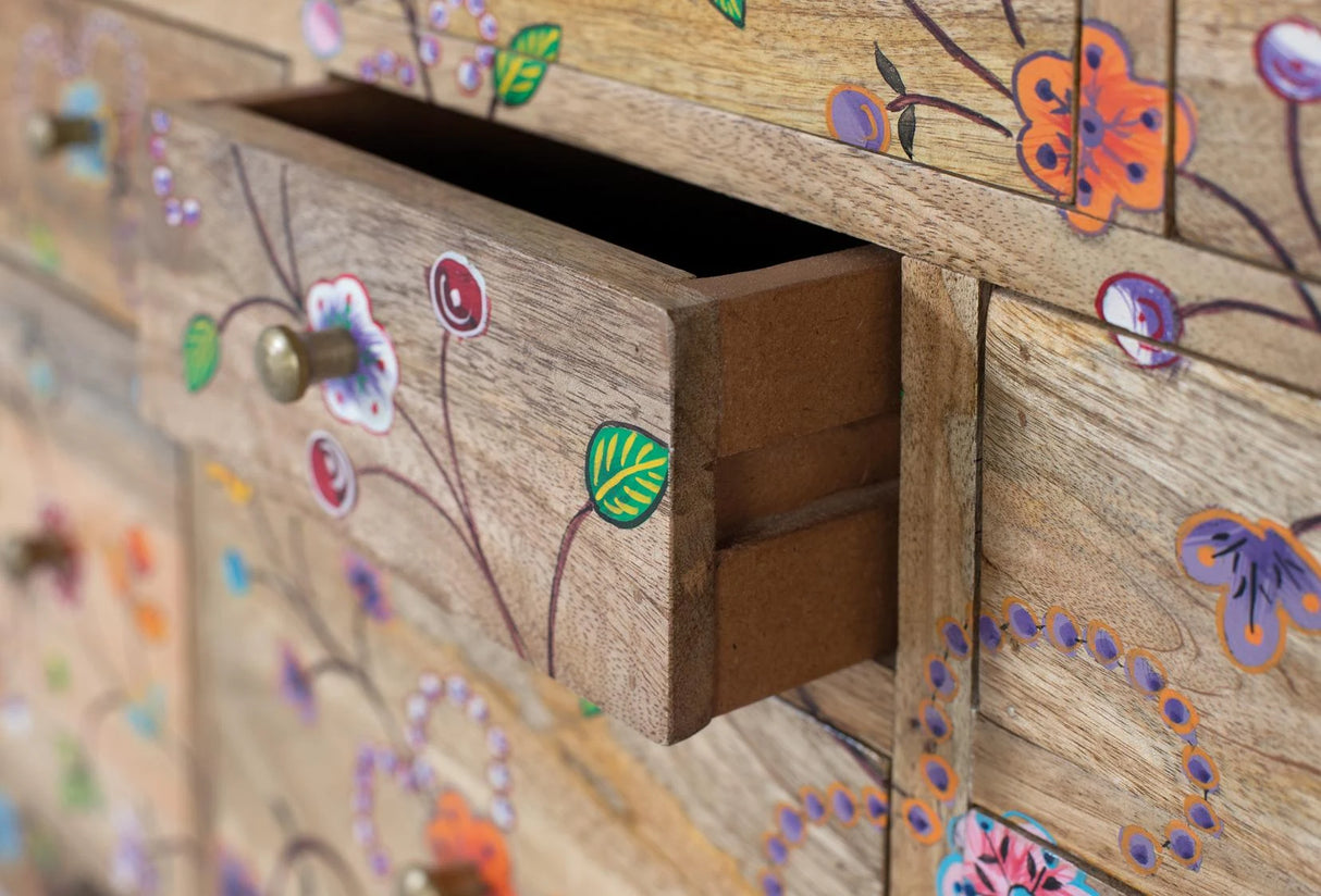 Giner and Colomer - Mango Wood Chest Of Drawers With 10 Hand-Painted Floral Drawers