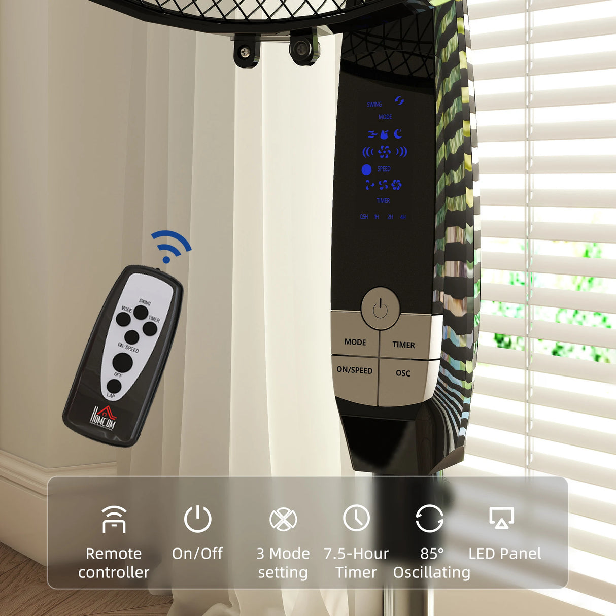 HOMCOM 16in Pedestal Standing Floor Fan, Oscillation Cooling Fan with Remote Control, Black