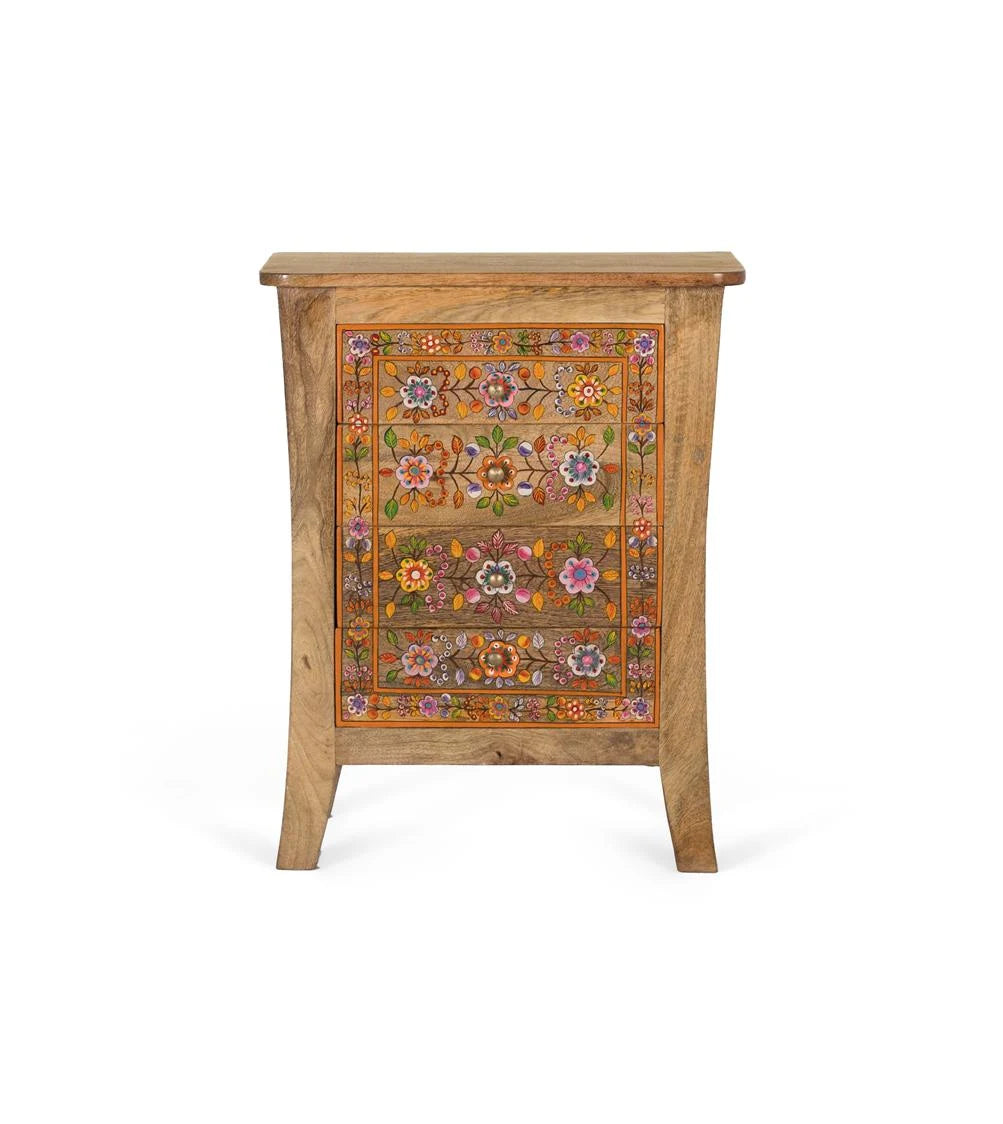 Giner and Colomer - Mango Wood Bedside Table With 4 Hand-Painted Floral Drawers