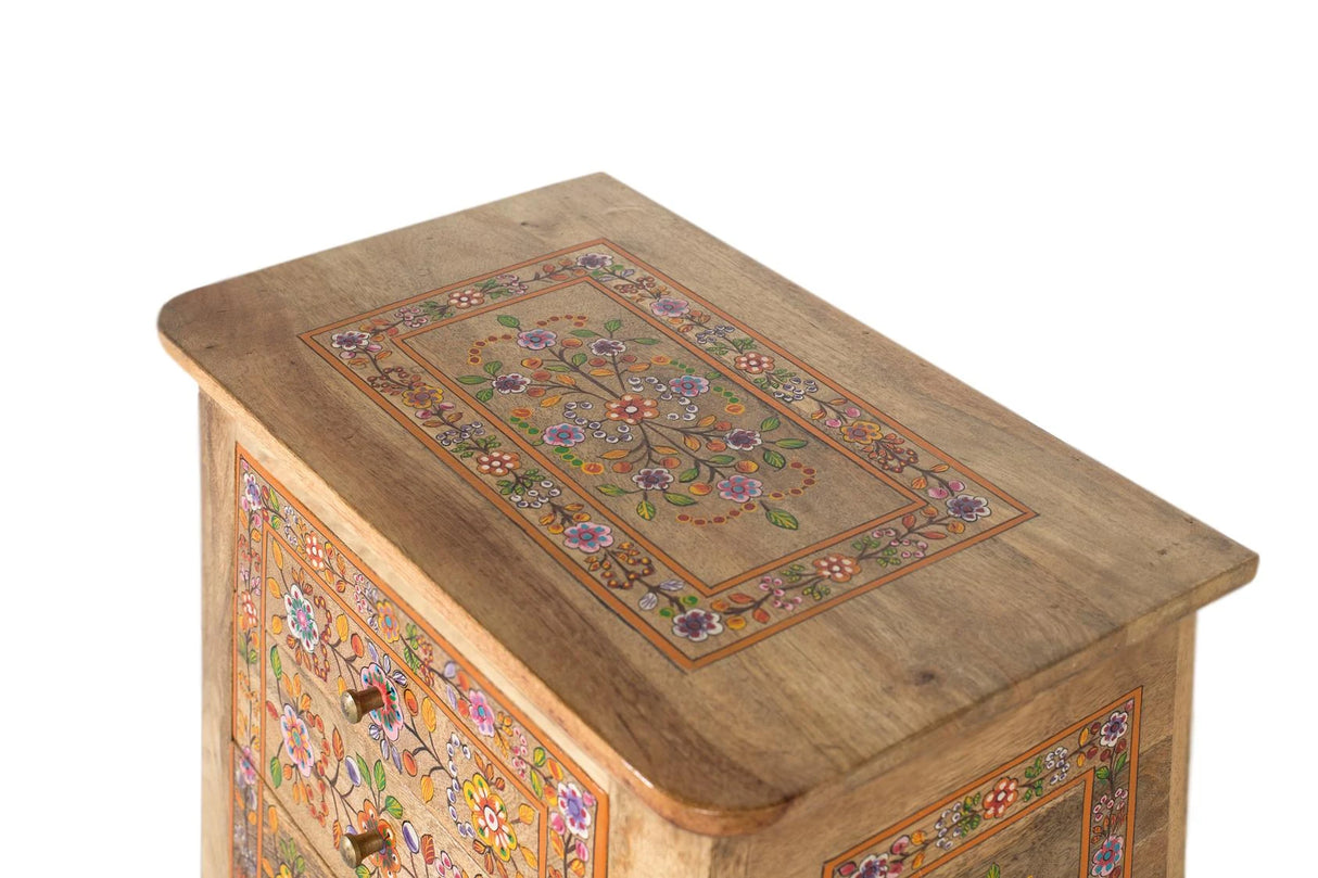 Giner and Colomer - Mango Wood Bedside Table With 4 Hand-Painted Floral Drawers