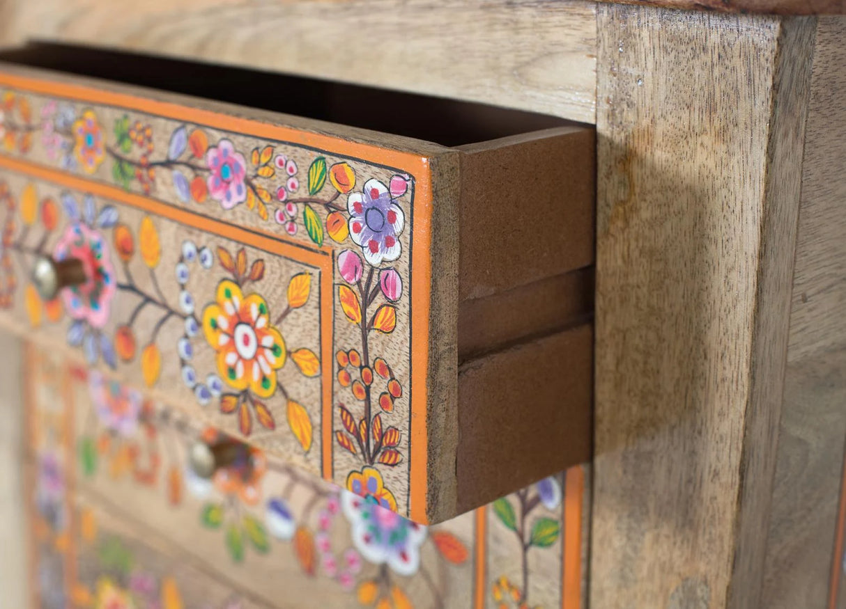 Giner and Colomer - Mango Wood Bedside Table With 4 Hand-Painted Floral Drawers