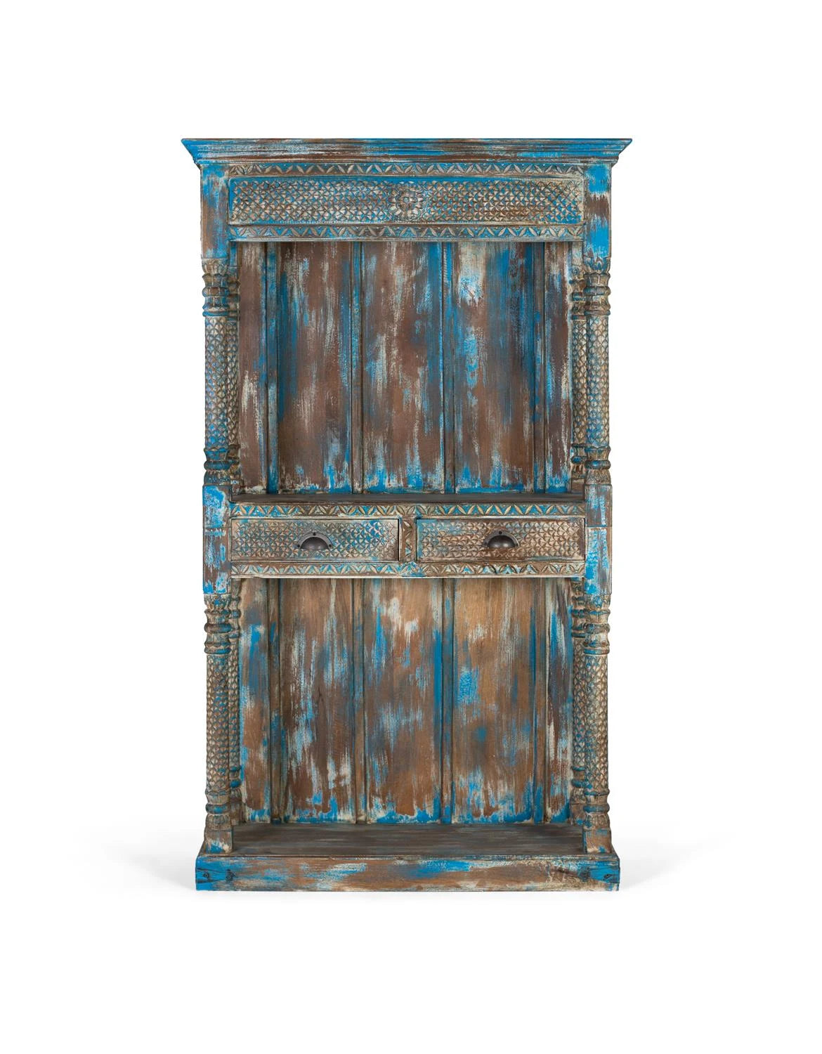 Giner and Colomer - Antique Blue Mango Wood Shelving Unit With Hand-Carved Details