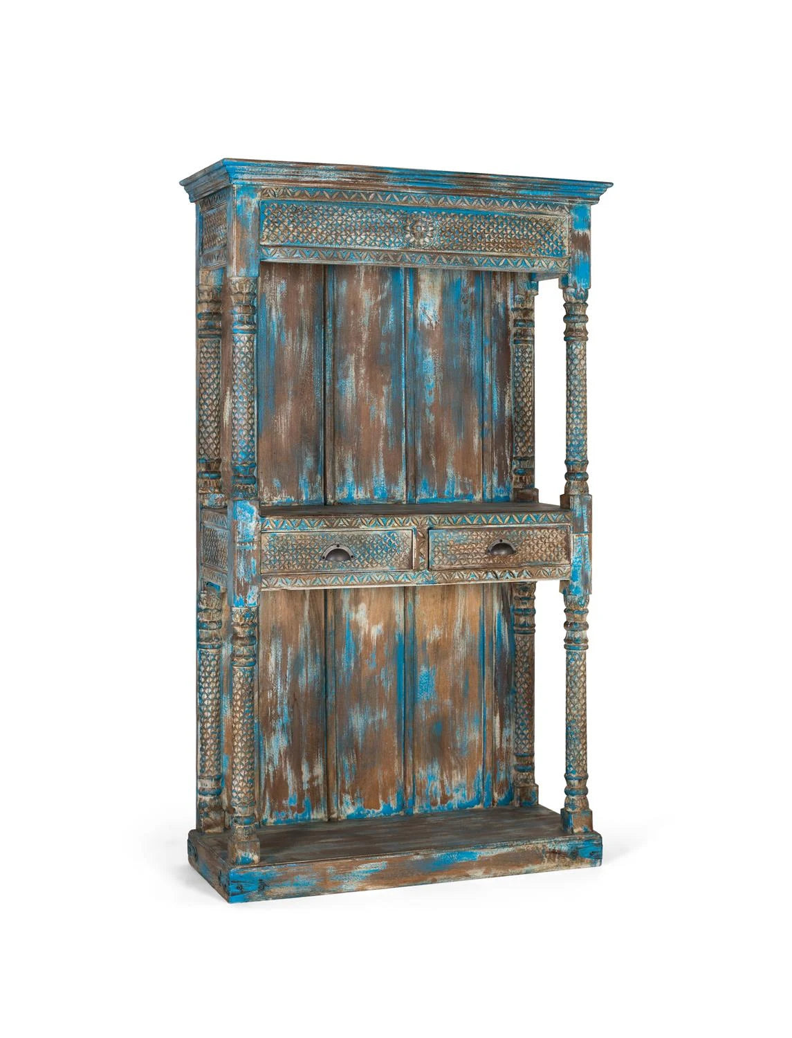 Giner and Colomer - Antique Blue Mango Wood Shelving Unit With Hand-Carved Details