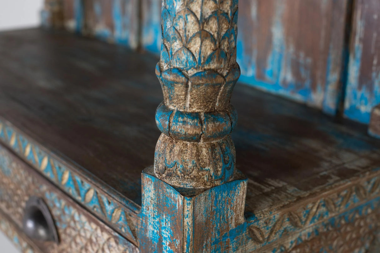 Giner and Colomer - Antique Blue Mango Wood Shelving Unit With Hand-Carved Details
