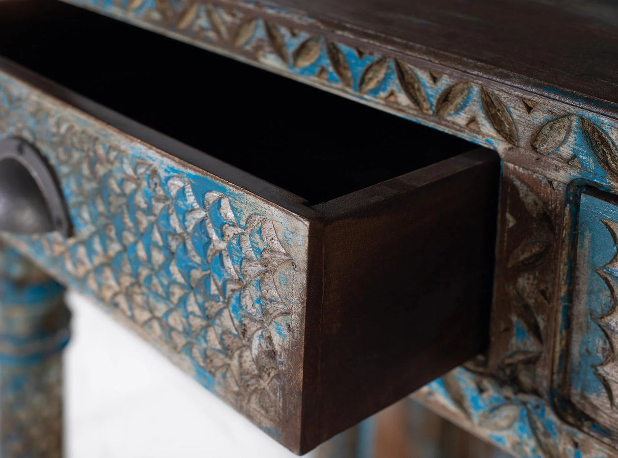 Giner and Colomer - Antique Blue Mango Wood Shelving Unit With Hand-Carved Details