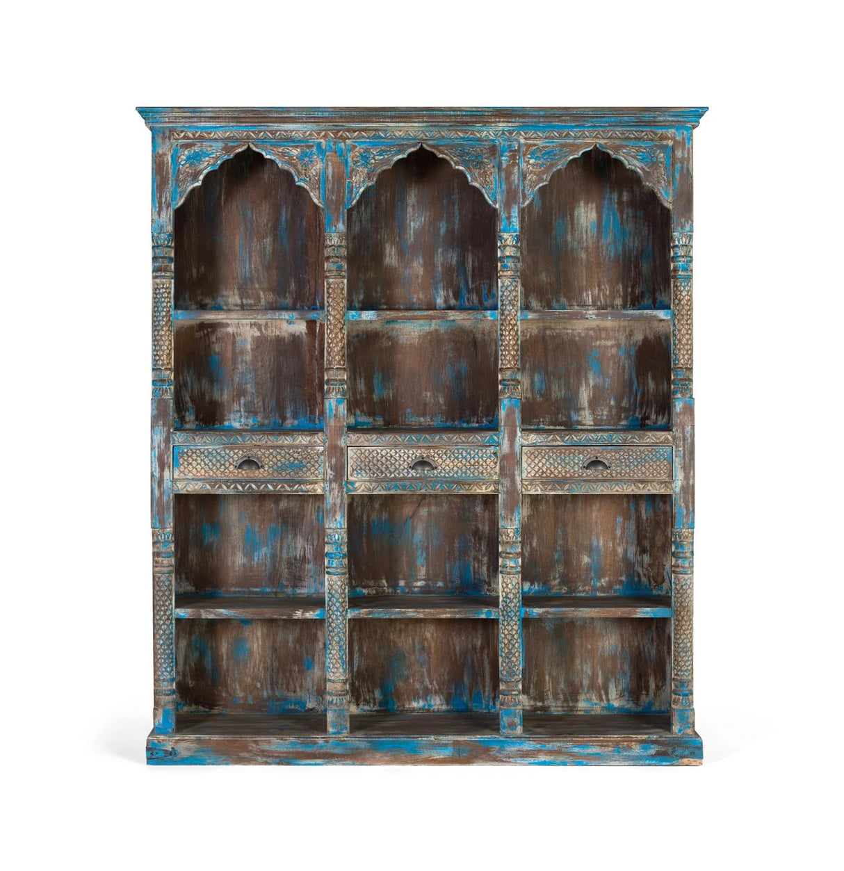 Giner and Colomer - Antique Blue Hand-Carved Mango Wood Bookcase With 3 Drawers
