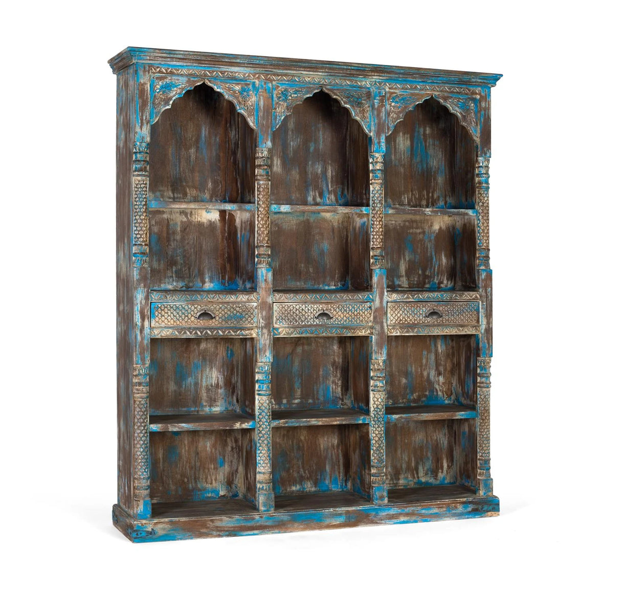 Giner and Colomer - Antique Blue Hand-Carved Mango Wood Bookcase With 3 Drawers