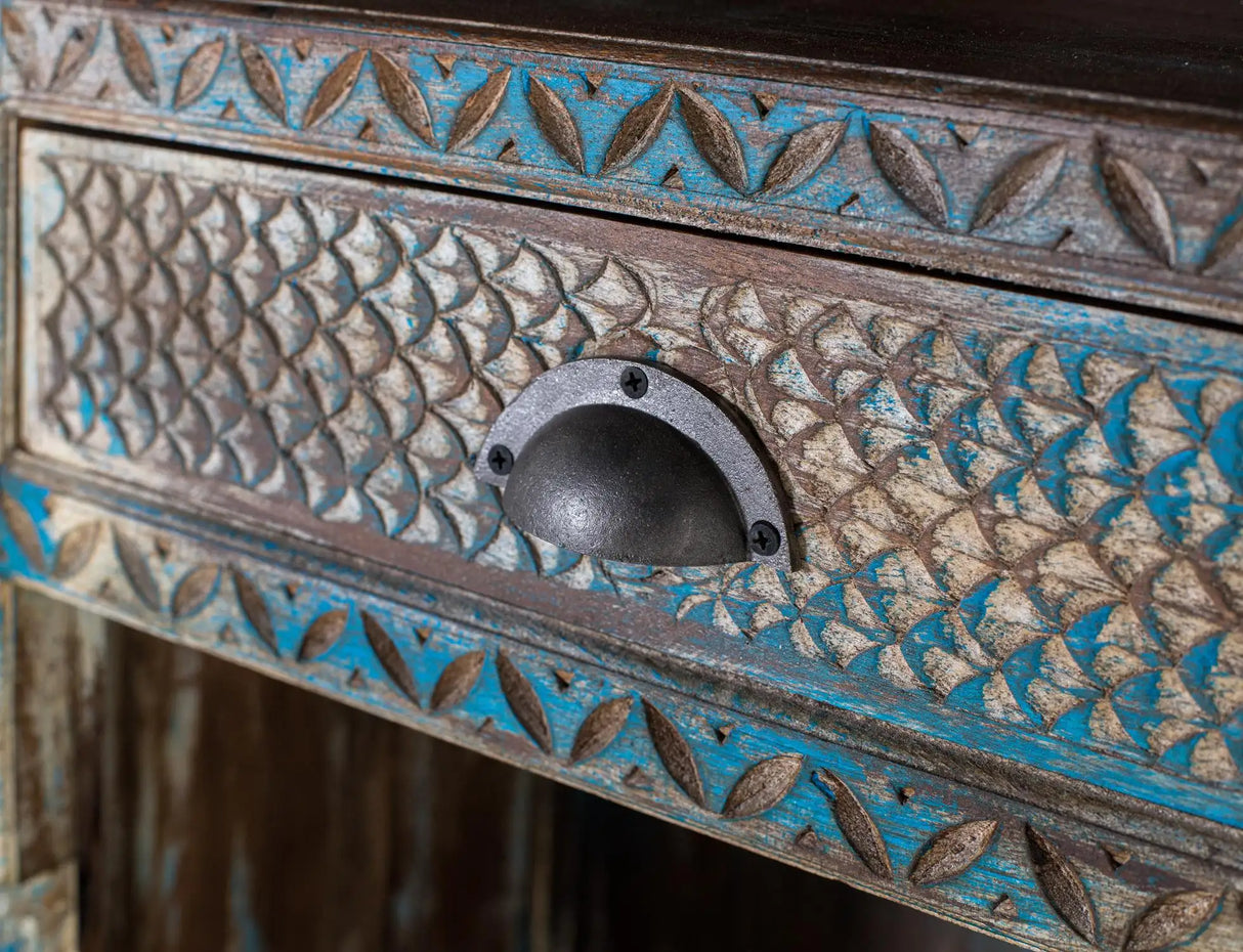 Giner and Colomer - Antique Blue Hand-Carved Mango Wood Bookcase With 3 Drawers