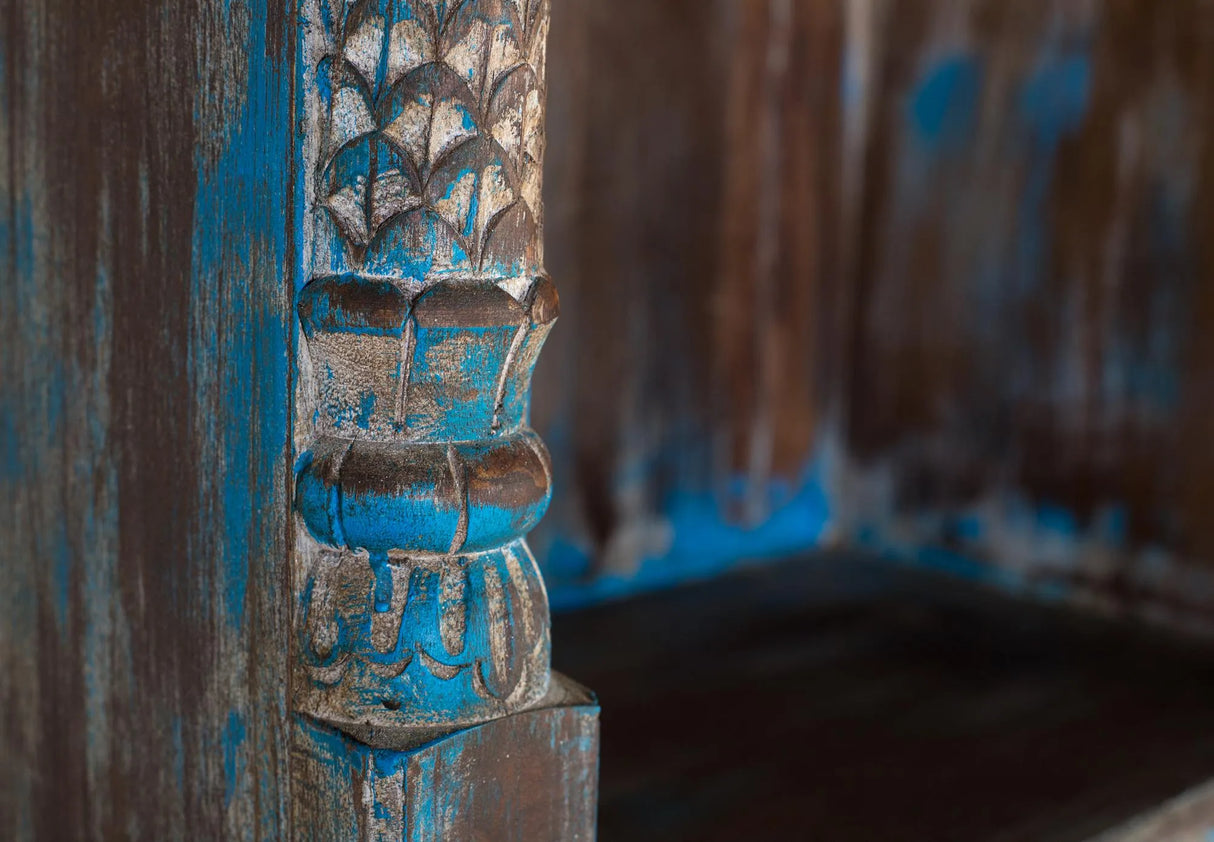 Giner and Colomer - Antique Blue Hand-Carved Mango Wood Bookcase With 3 Drawers