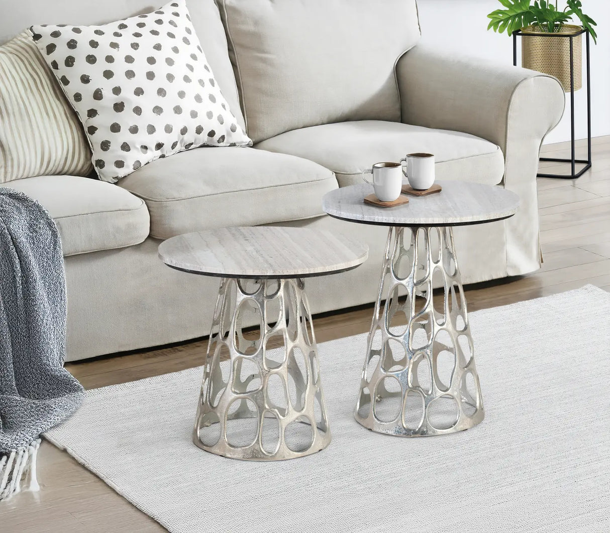 Giner and Colomer - Set Of 2 Circular Marble & Nickel Aluminum Coffee Tables