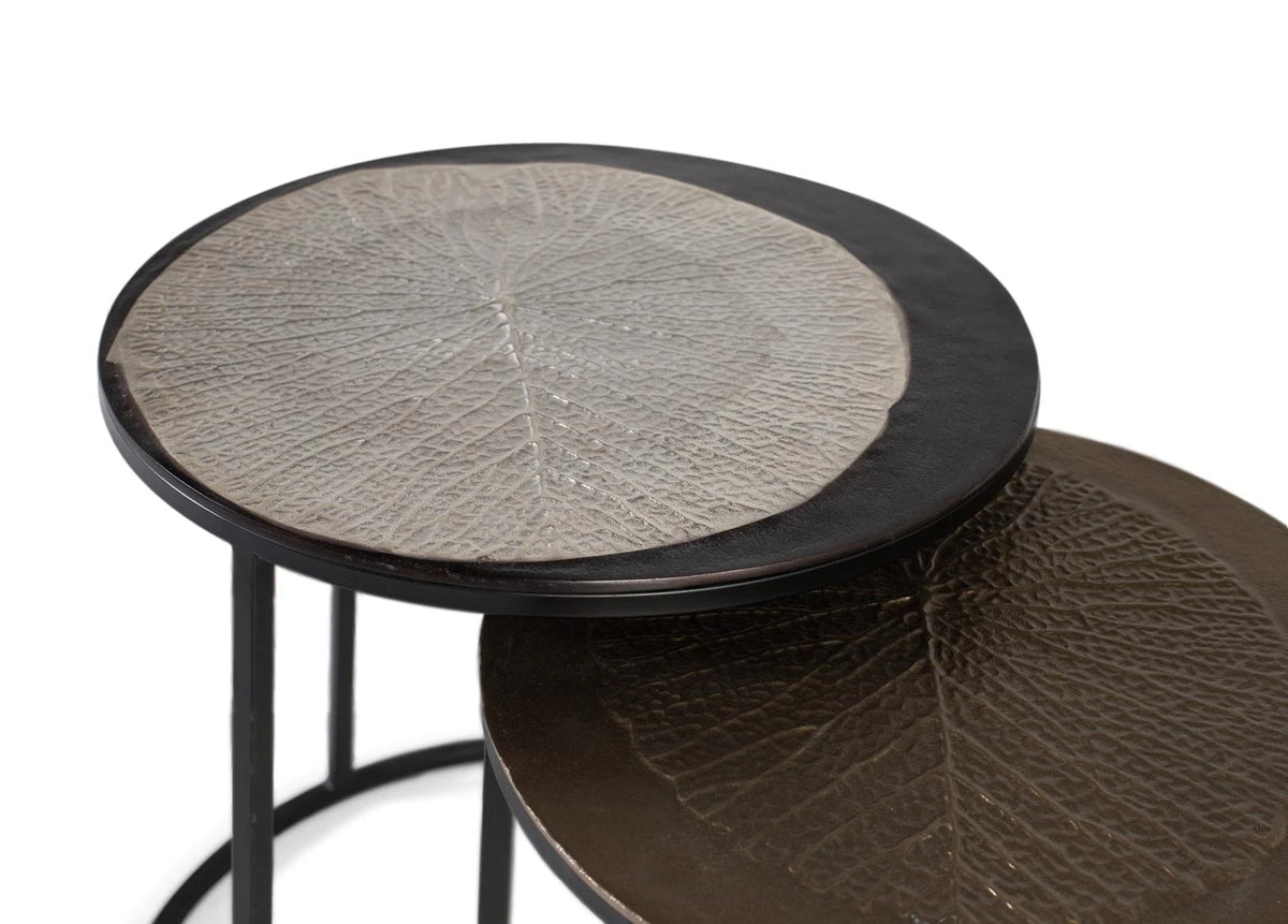 Giner and Colomer - Set Of 2 Round End Tables With Gold & Silver Leaf Relief
