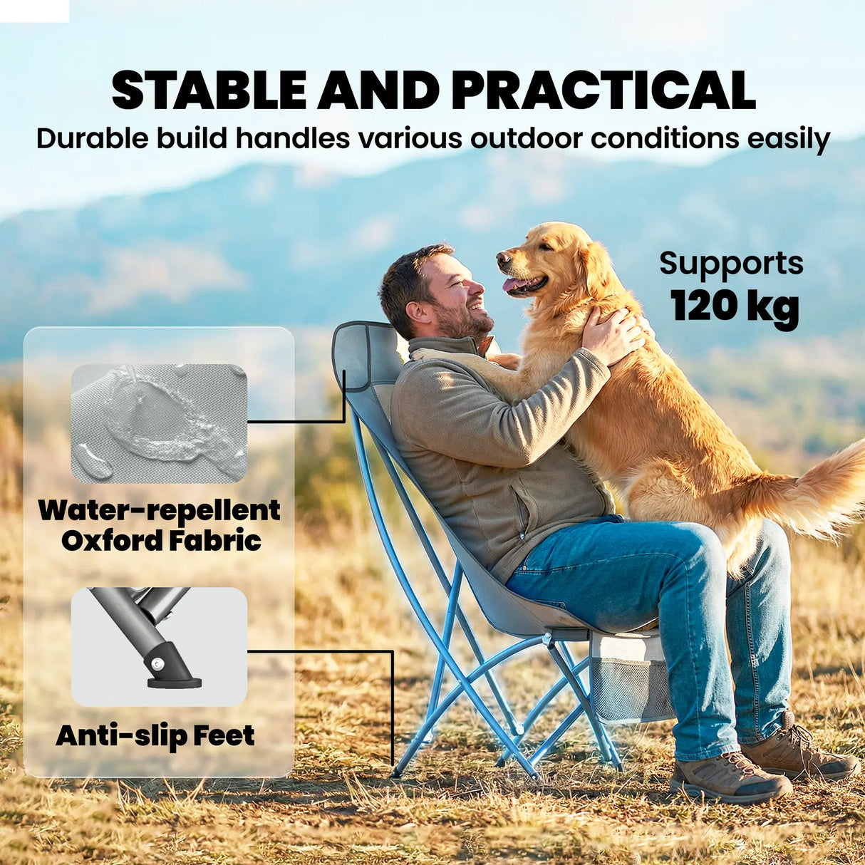 Outsunny Camping Chair for Adults Heavy Duty Folding Camp Chair with Side Pocket and Carry Bag Light Grey