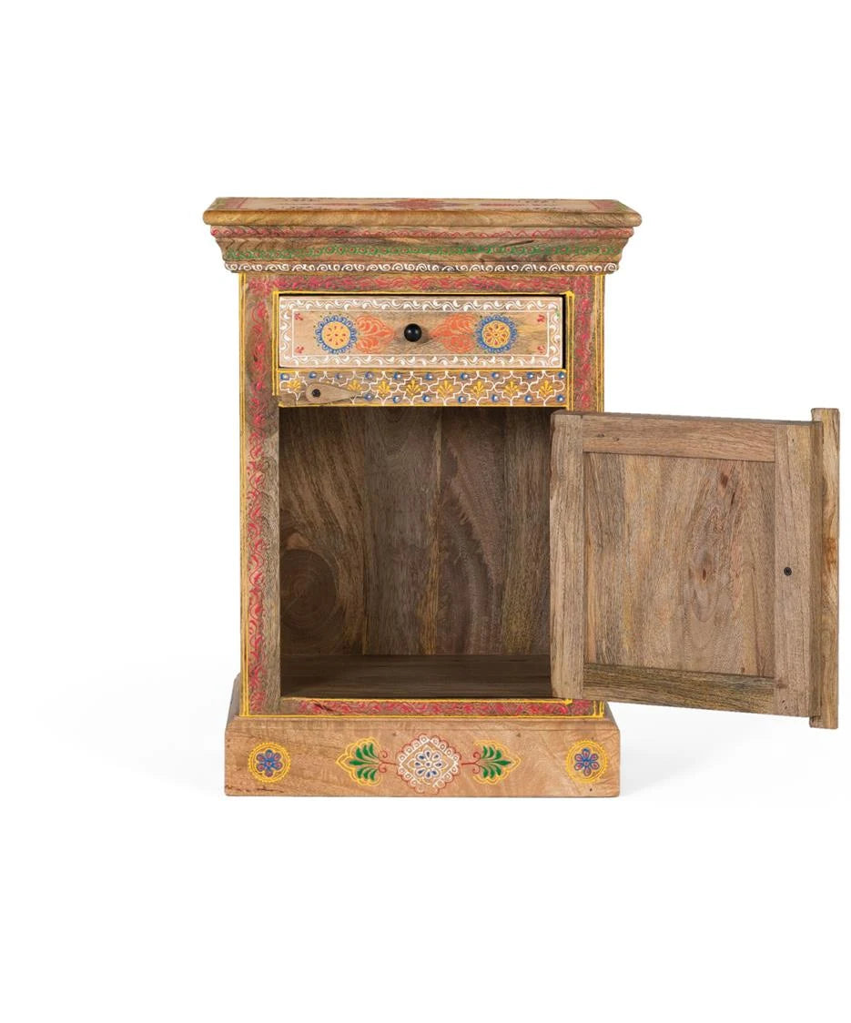 Giner and Colomer - Mango Wood Bedside Table (1 Drawer, 1 Door) With Hand-Painted Details