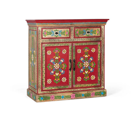 Giner and Colomer - Mango Wood Sideboard (2 Doors, 2 Drawers) With Hand-Painted Floral Accents