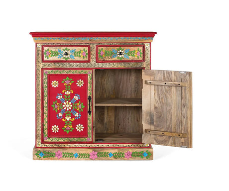 Giner and Colomer - Mango Wood Sideboard (2 Doors, 2 Drawers) With Hand-Painted Floral Accents