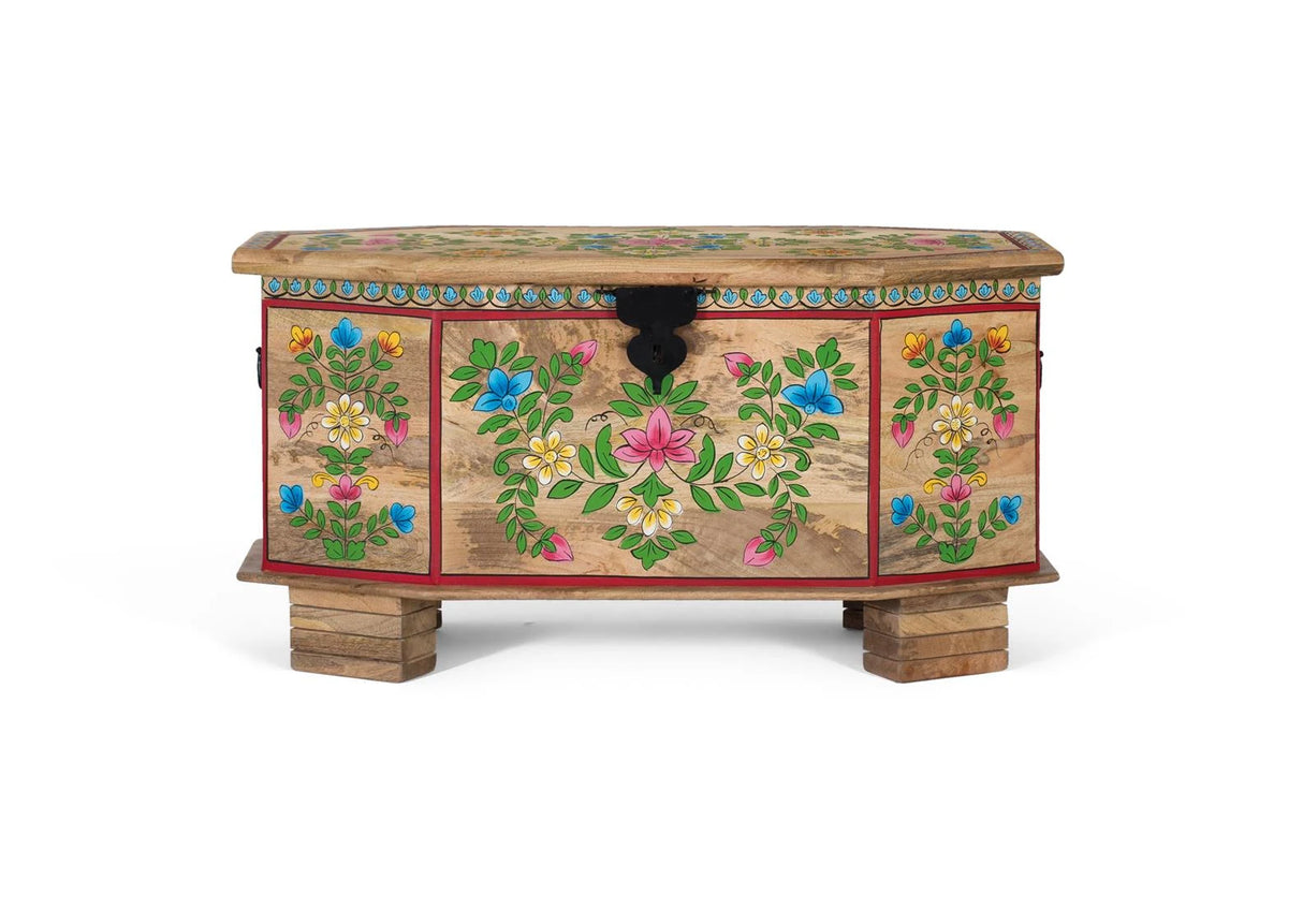Giner and Colomer - Mango Wood Trunk With Hand-Painted Details & Top Opening (95 x 50 x 50)