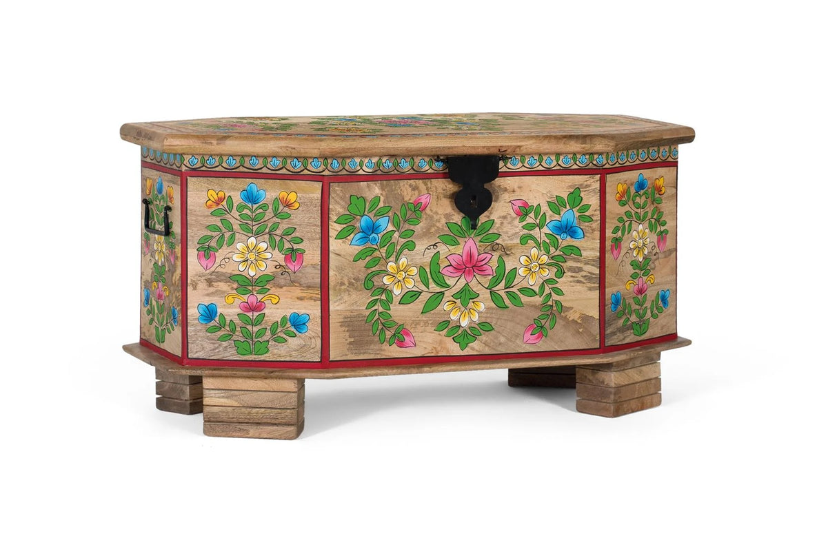 Giner and Colomer - Mango Wood Trunk With Hand-Painted Details & Top Opening (95 x 50 x 50)