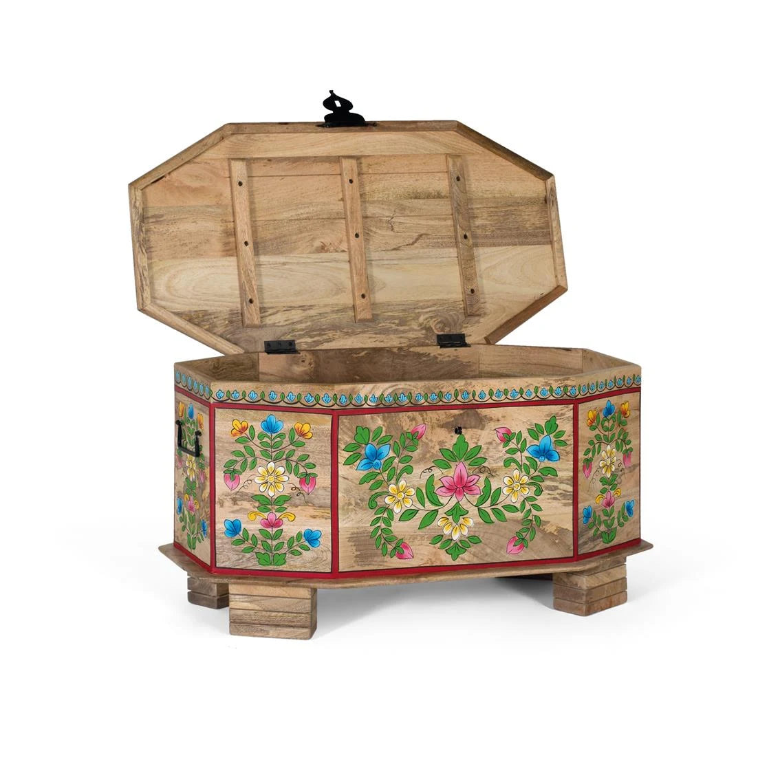 Giner and Colomer - Mango Wood Trunk With Hand-Painted Details & Top Opening (95 x 50 x 50)