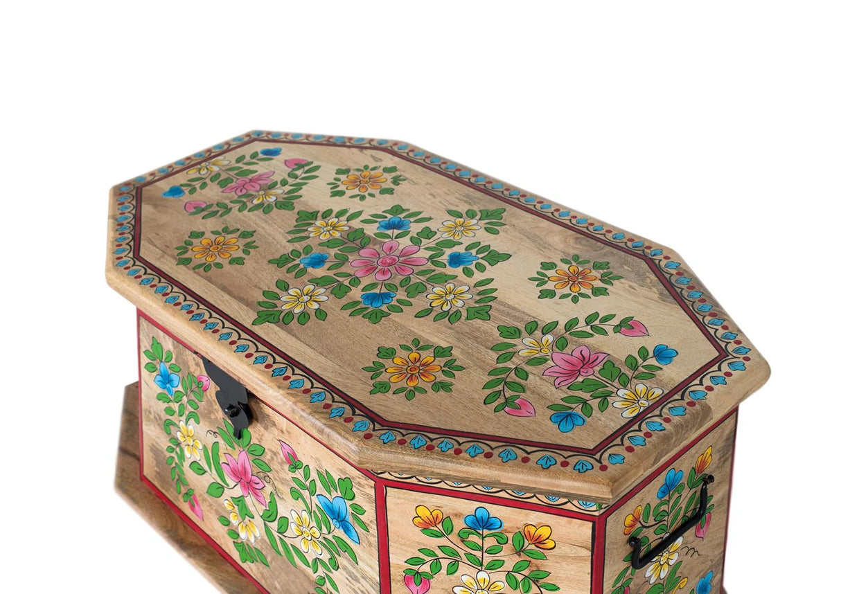 Giner and Colomer - Mango Wood Trunk With Hand-Painted Details & Top Opening (95 x 50 x 50)
