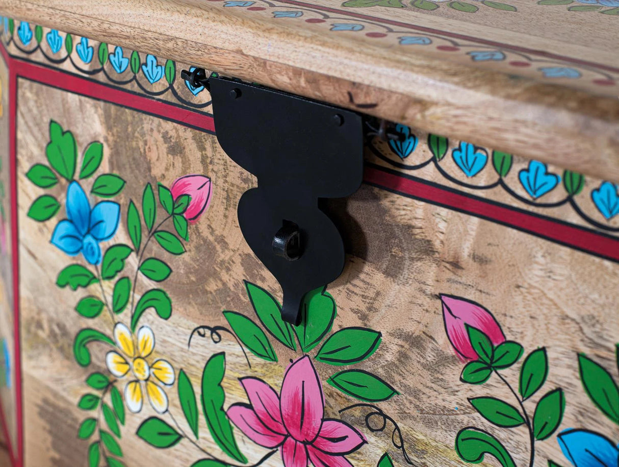 Giner and Colomer - Mango Wood Trunk With Hand-Painted Details & Top Opening (95 x 50 x 50)