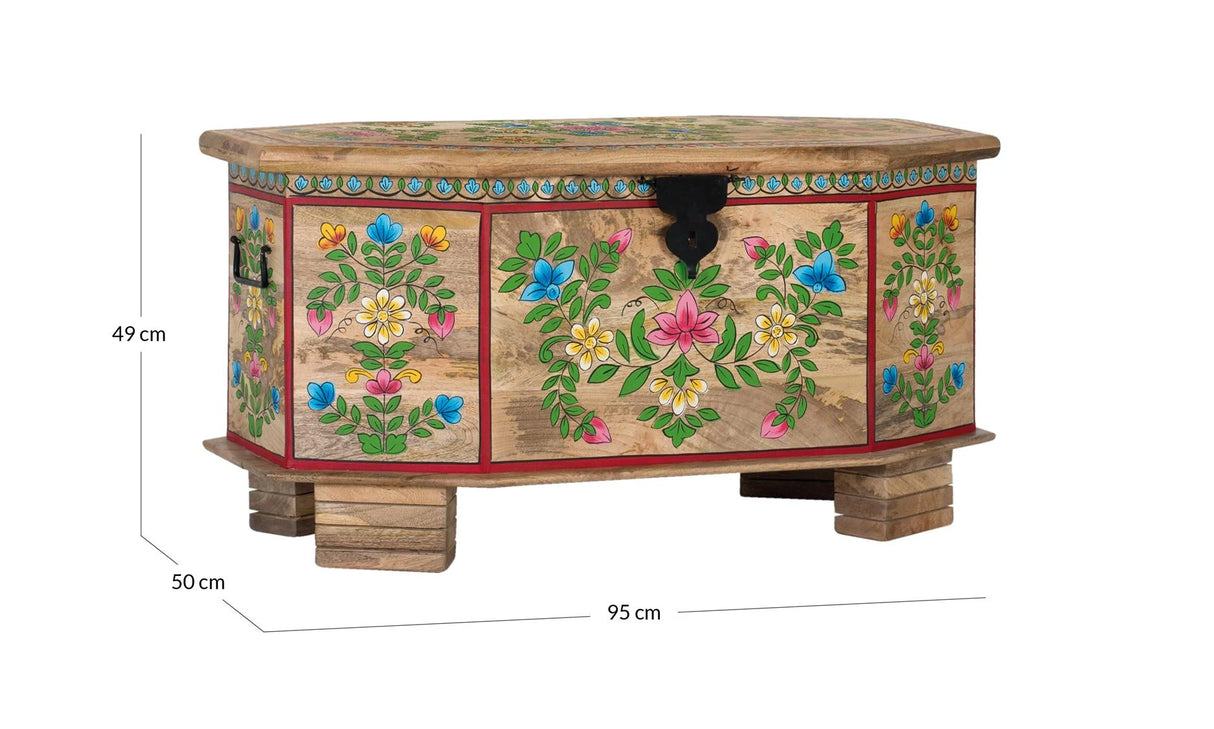 Giner and Colomer - Mango Wood Trunk With Hand-Painted Details & Top Opening (95 x 50 x 50)