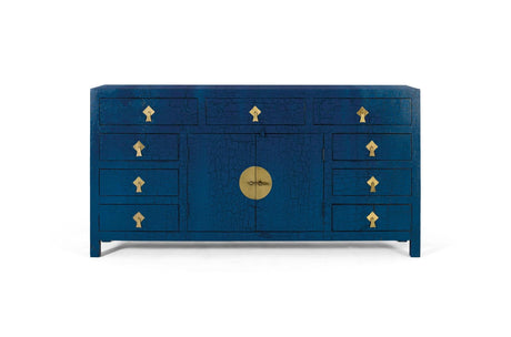 Giner and Colomer - Zen-Style Sideboard In Distressed Blue Lacquer With Antique Gold Hardware