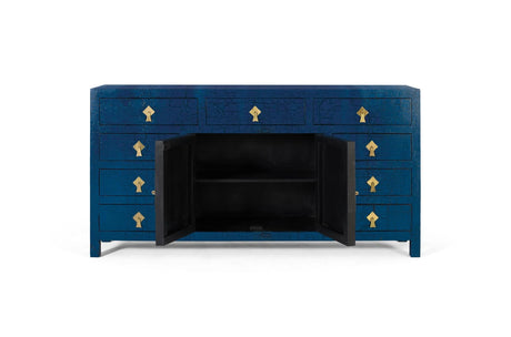 Giner and Colomer - Zen-Style Sideboard In Distressed Blue Lacquer With Antique Gold Hardware