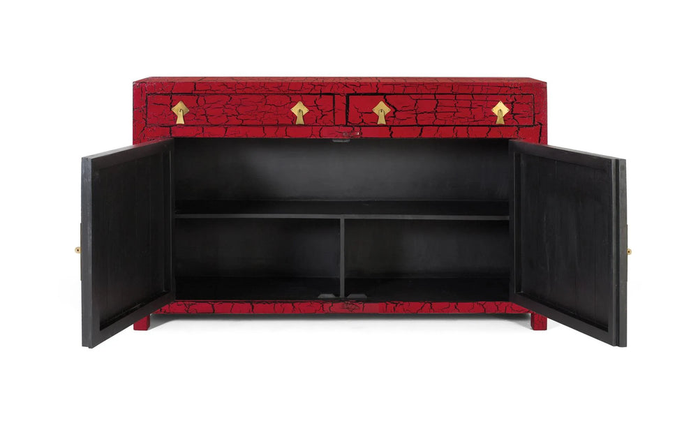 Giner and Colomer - Japanese-Style Sideboard In Distressed Blue Lacquer & Antique Gold Hardware