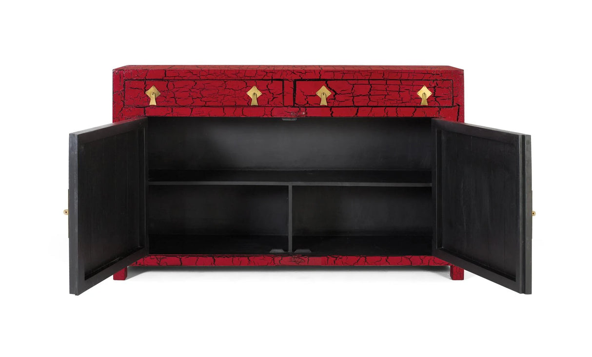 Giner and Colomer - Japanese-Style Sideboard In Distressed Blue Lacquer & Antique Gold Hardware