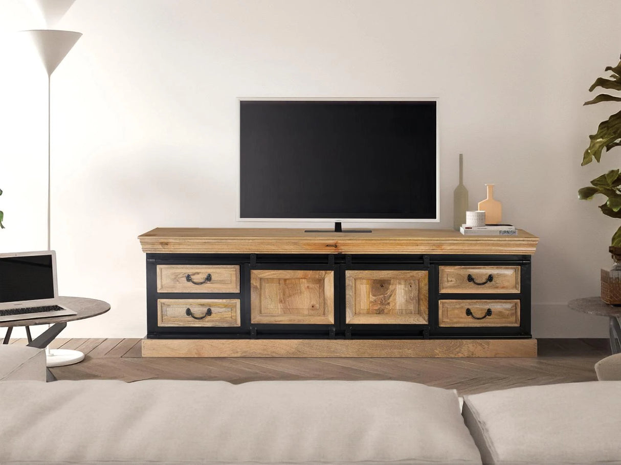 Giner and Colomer - Industrial Mango Wood TV Cabinet (2 Sliding Doors & 4 Drawers)