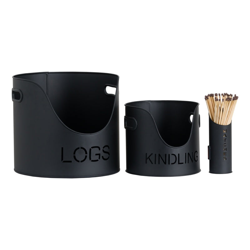 Black Finish Logs And Kindling Buckets & Matchstick Holder