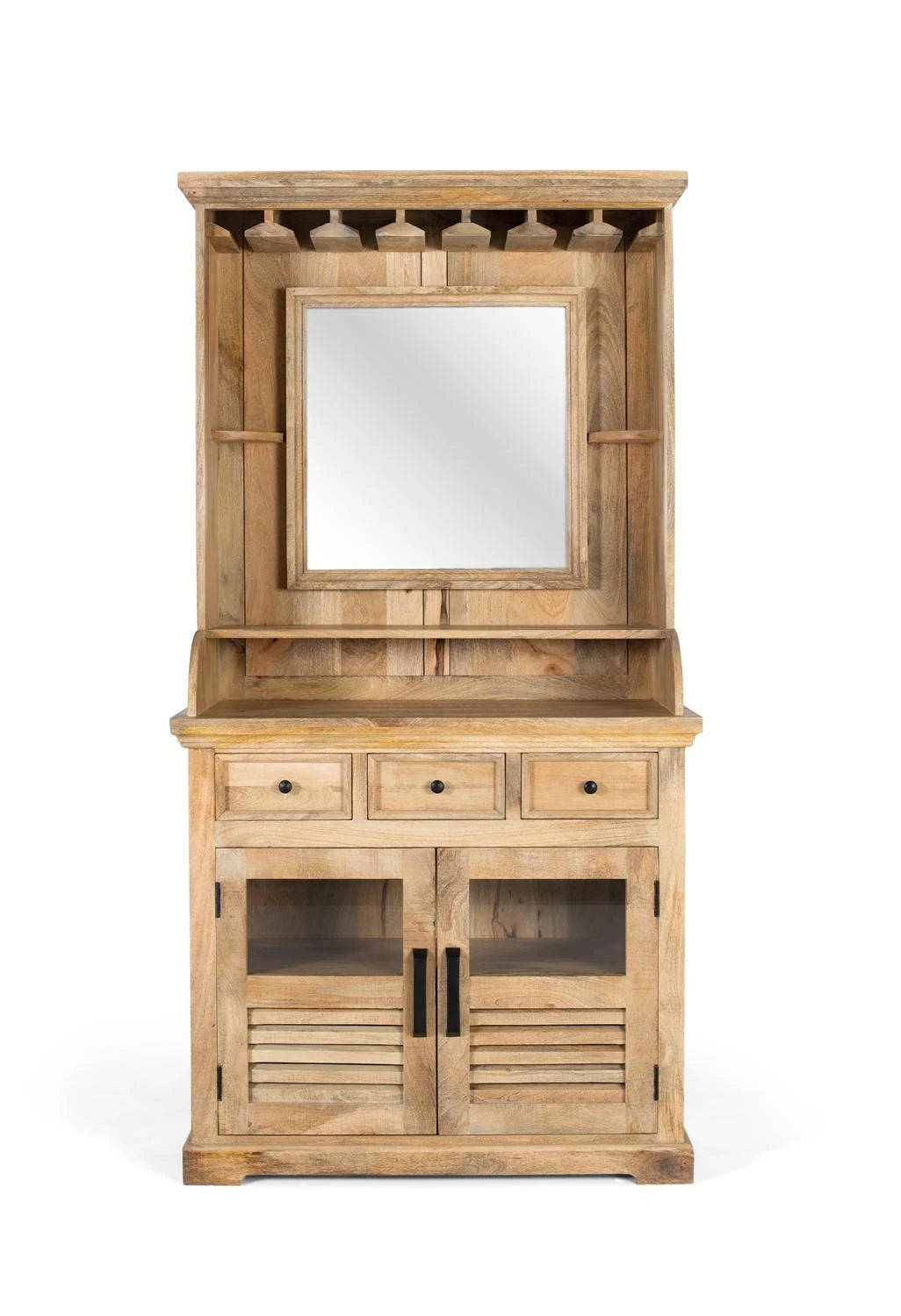 Giner and Colomer - Mango Wood Wine Rack With Central Mirror & Glass Holders