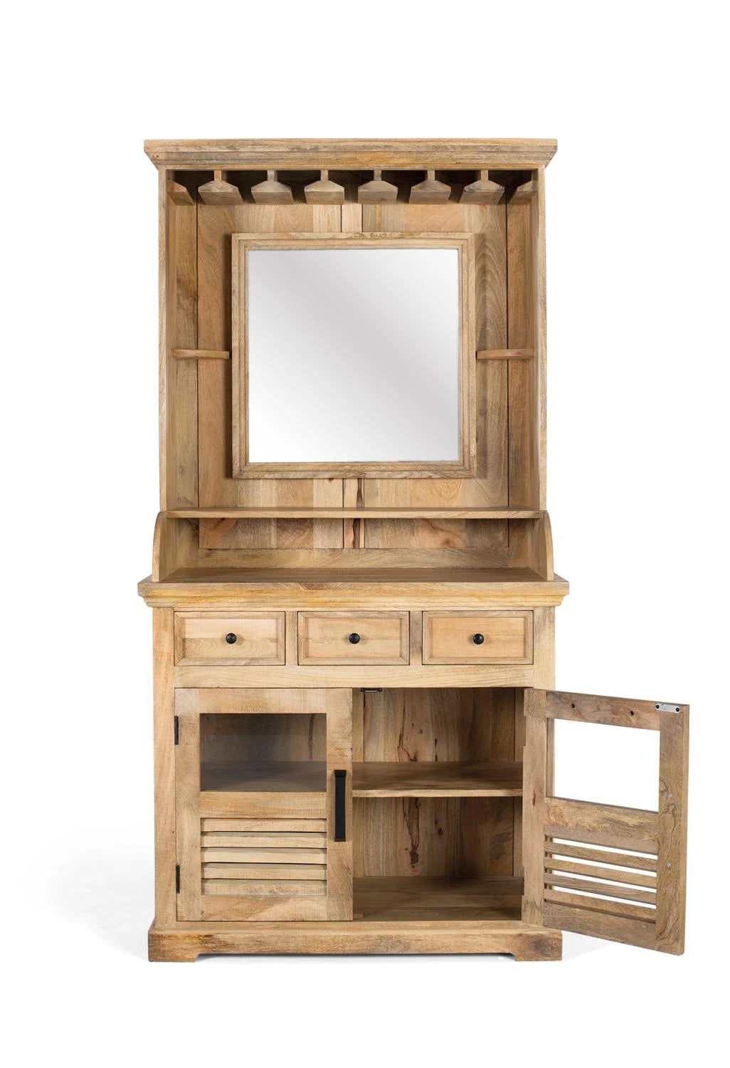 Giner and Colomer - Mango Wood Wine Rack With Central Mirror & Glass Holders