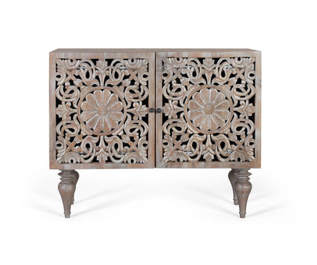 Giner and Colomer - Hand-Carved Mango Wood Sideboard (2 Doors, Turned Legs, Grey Pickled)