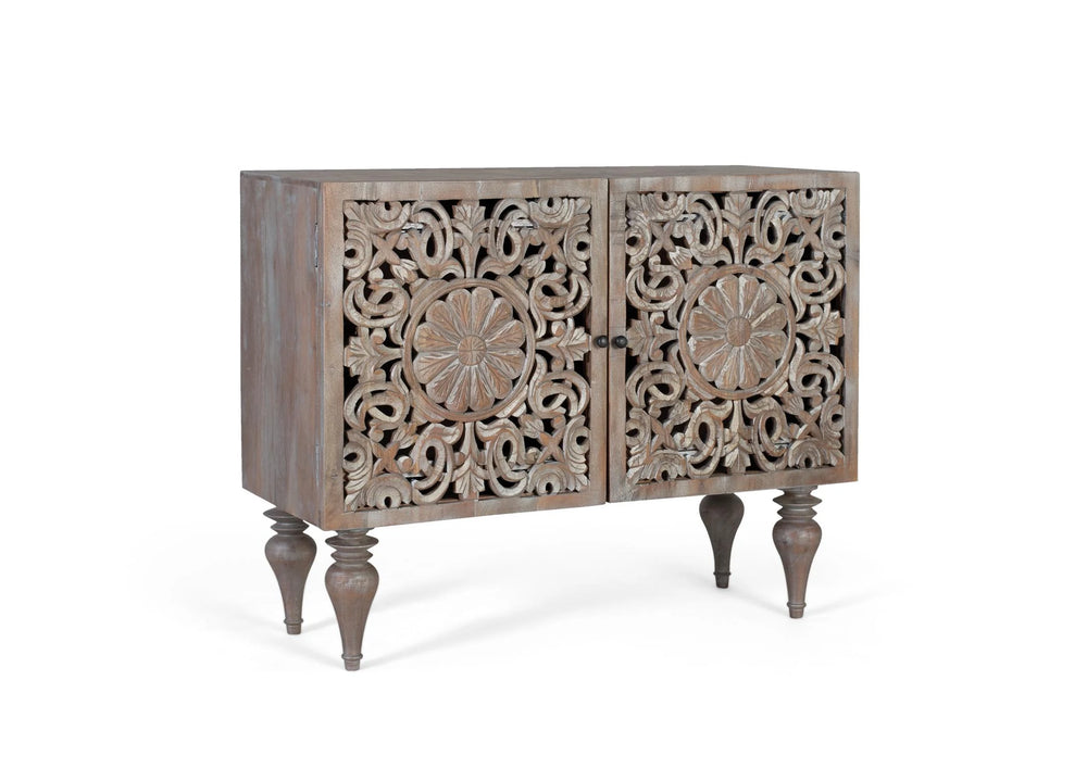 Giner and Colomer - Hand-Carved Mango Wood Sideboard (2 Doors, Turned Legs, Grey Pickled)