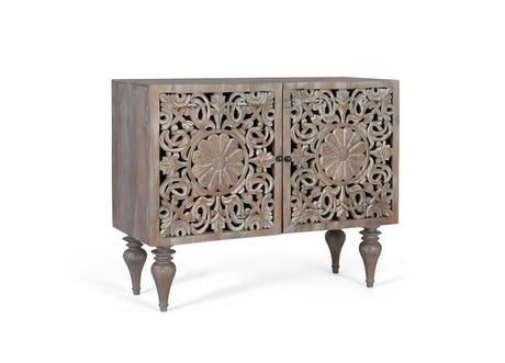Giner and Colomer - Hand-Carved Mango Wood Sideboard (2 Doors, Turned Legs, Grey Pickled)