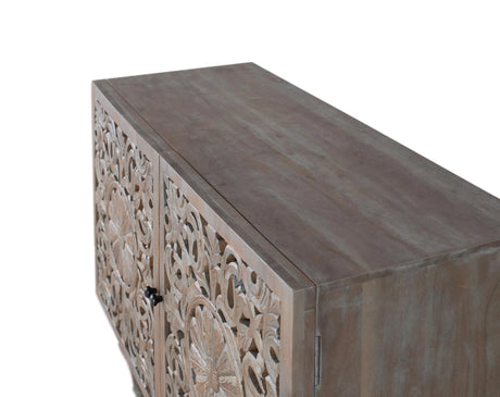 Giner and Colomer - Hand-Carved Mango Wood Sideboard (2 Doors, Turned Legs, Grey Pickled)