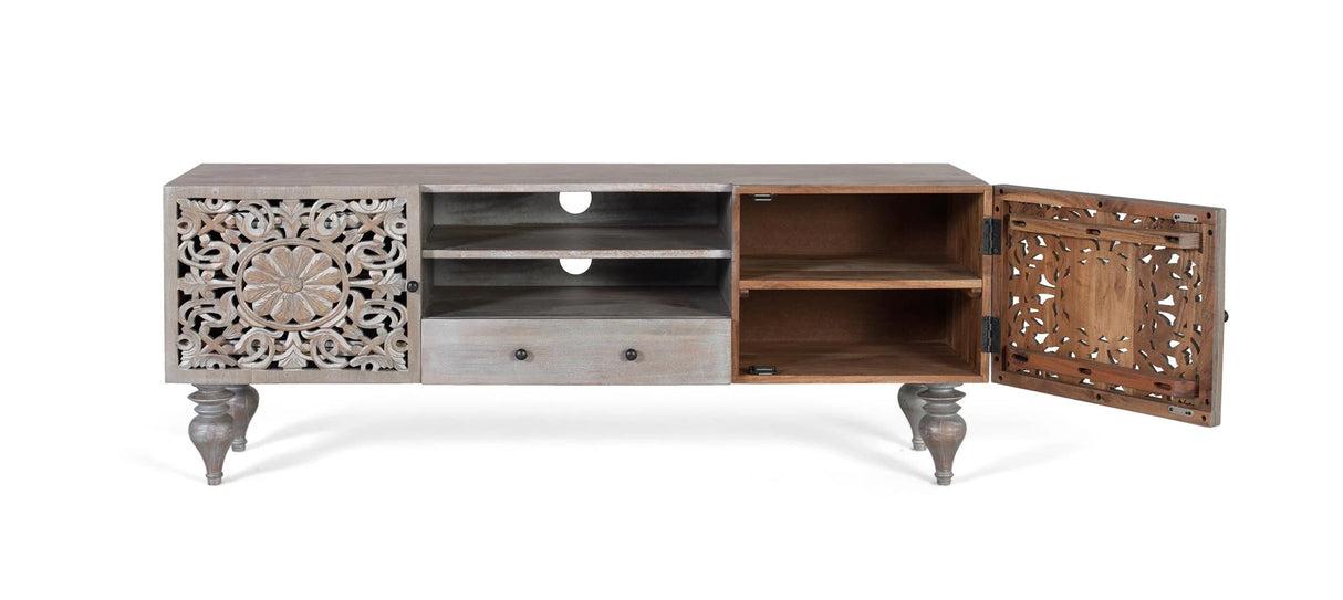 Giner and Colomer - Hand-Carved Mango Wood TV Cabinet (2 Doors, 1 Drawer)