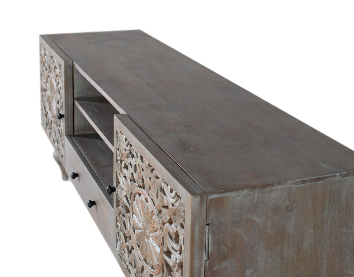Giner and Colomer - Hand-Carved Mango Wood TV Cabinet (2 Doors, 1 Drawer)