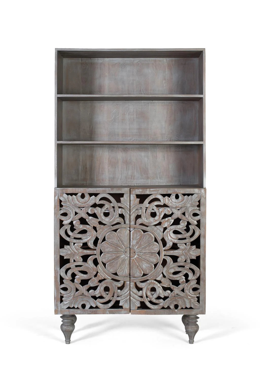 Giner and Colomer - Hand-Carved Mango Wood Bookcase (2 Doors, Grey Pickled)