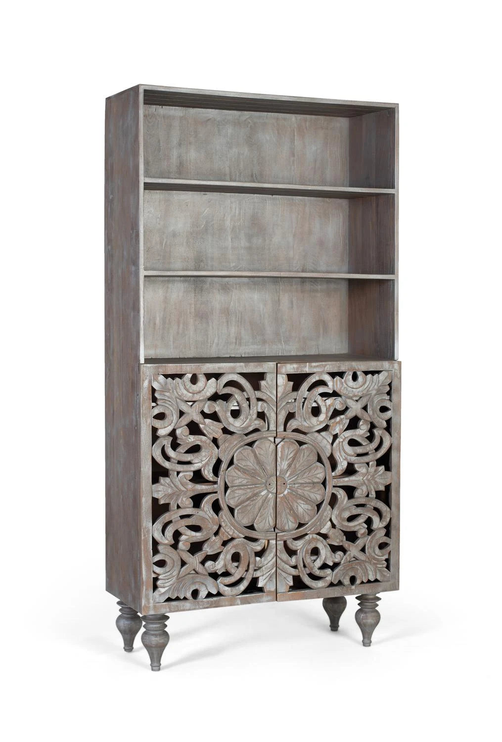 Giner and Colomer - Hand-Carved Mango Wood Bookcase (2 Doors, Grey Pickled)