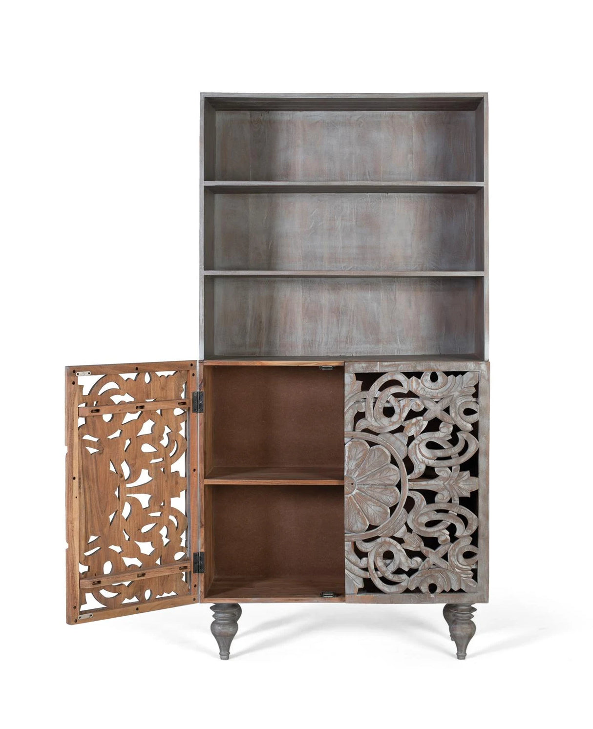 Giner and Colomer - Hand-Carved Mango Wood Bookcase (2 Doors, Grey Pickled)