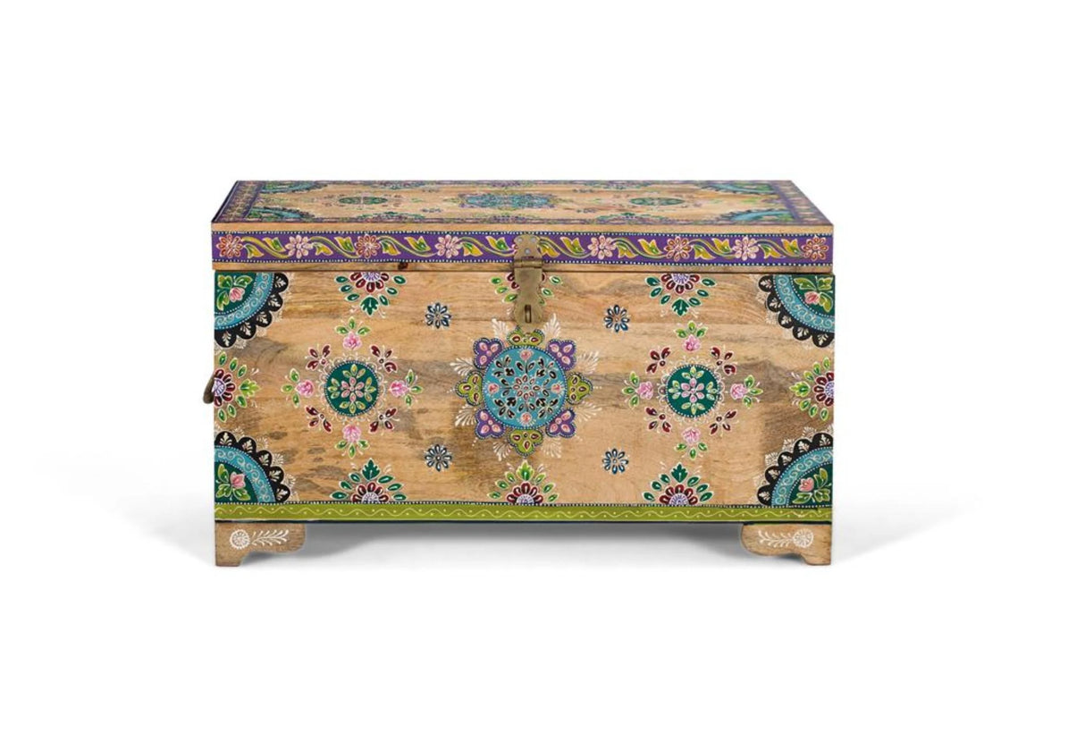 Giner and Colomer - Mango Wood Trunk With Hinged Lid & Multicolored Hand-Painted Details