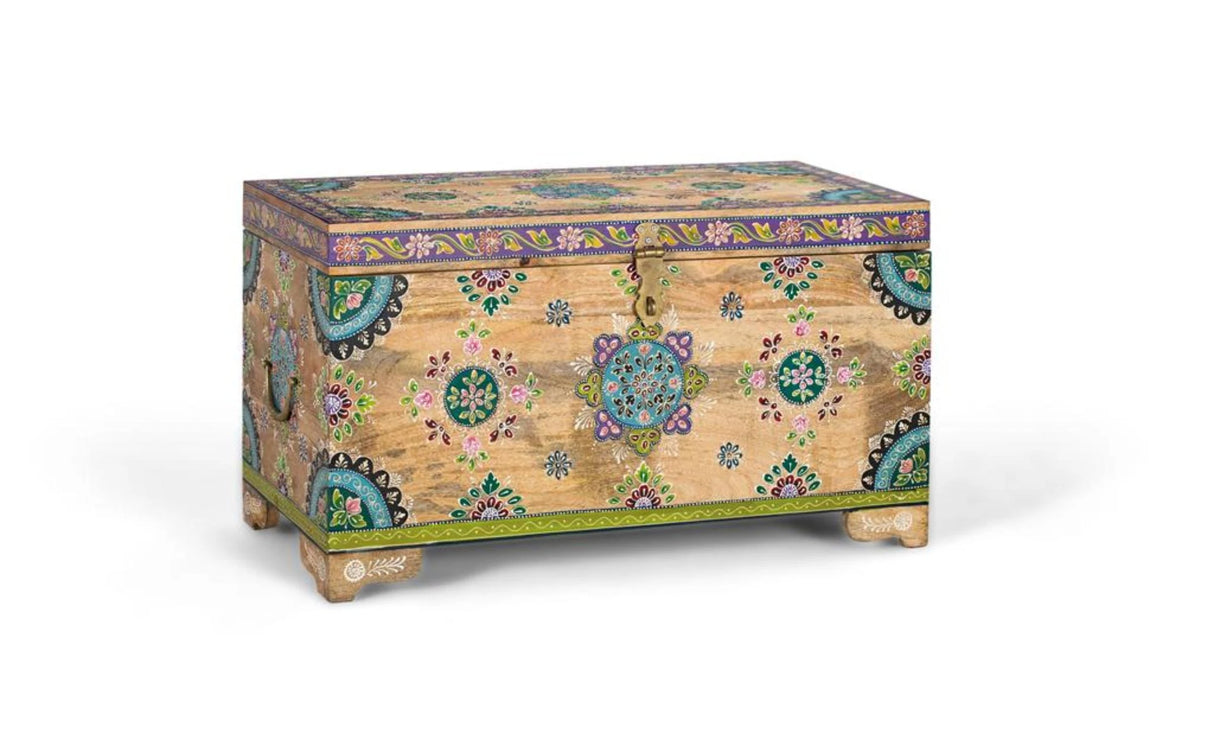 Giner and Colomer - Mango Wood Trunk With Hinged Lid & Multicolored Hand-Painted Details