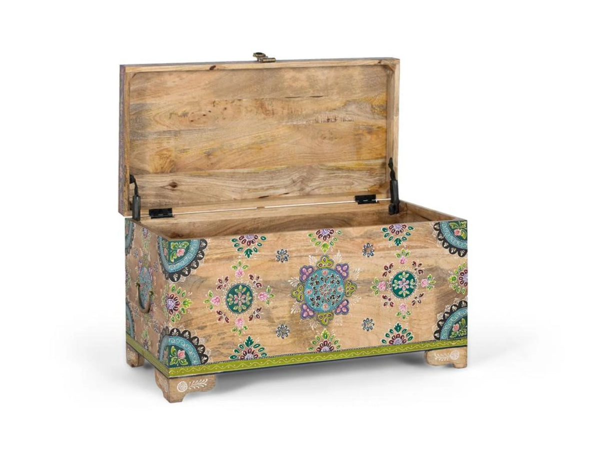 Giner and Colomer - Mango Wood Trunk With Hinged Lid & Multicolored Hand-Painted Details